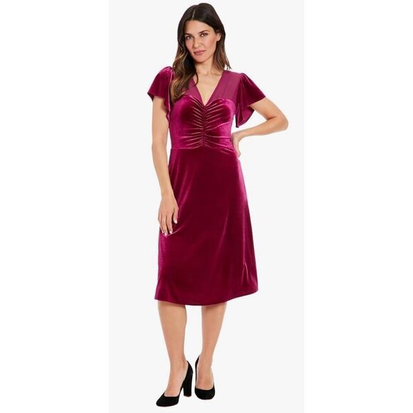 London Times Women's Illusion Flutter SLV Ruched Midi - Picture 1 of 9